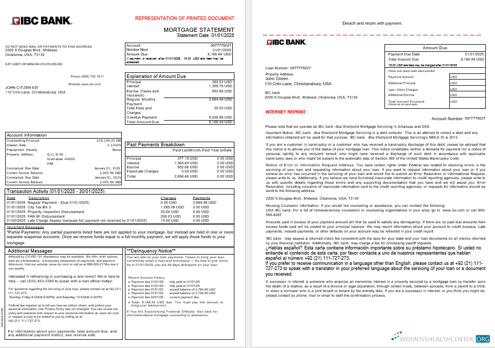Download USA IBC bank mortgage statement in Word and PDF formats, 3 pages 1 2 Photoshop template